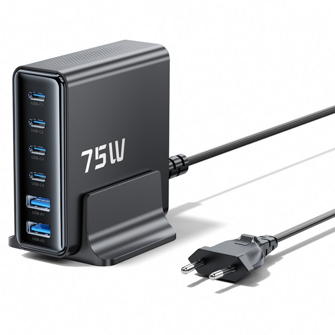 Toocki 투키 탁상용 C타입 GaN 75W PD3.0 PPS 4C2A 6포트 멀티 충전기, 1개, 블랙