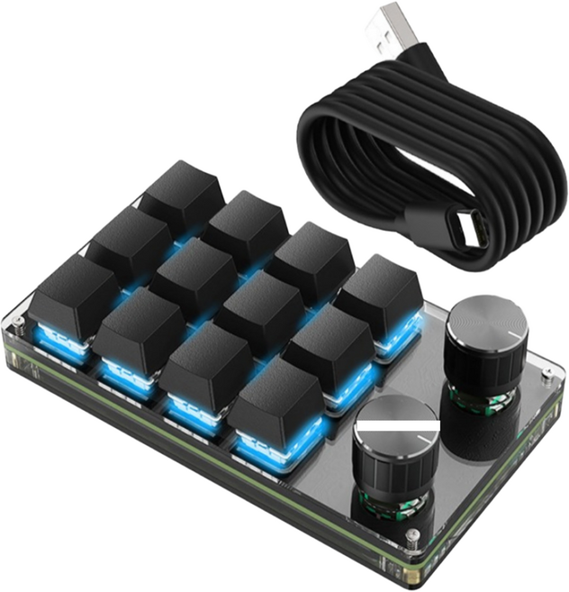 SIKAI 프로그래밍 매크로 단축키 키보드 디자이너 전용 단축키 포토샵 영상 편집 한손 편집 가능 전문가 전용, 한손 키보드, 블랙, 12키+2노브(유선/RGB)