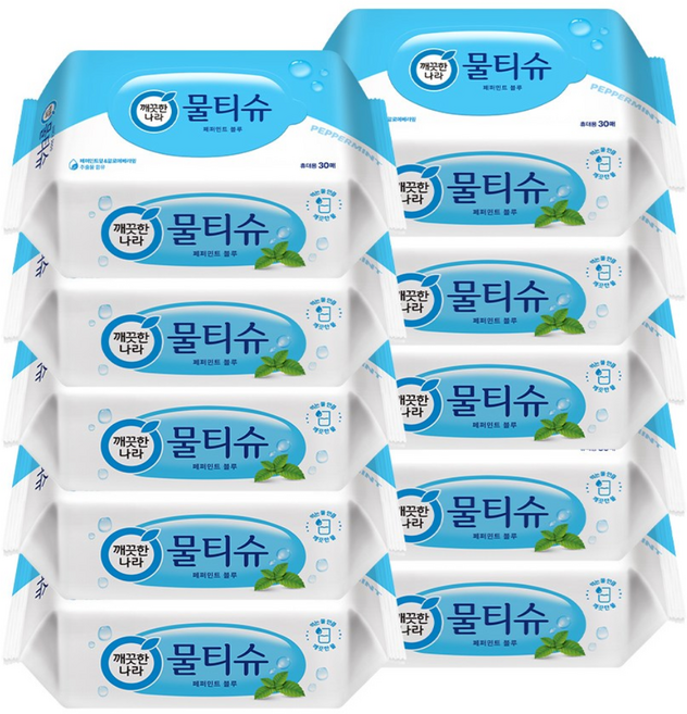 깨끗한나라 페퍼민트 물티슈 휴대용 30매 x10팩, 10개, 30개입, 95g