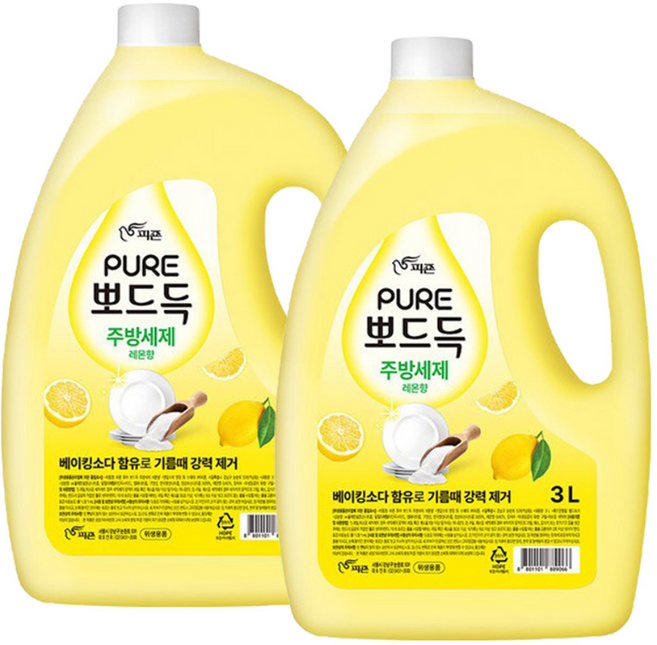 피죤퓨어 뽀드득 주방세제 레몬향, 3L, 2개