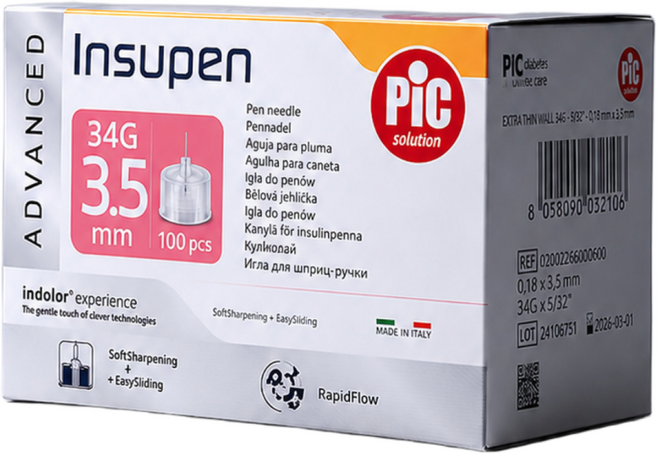 인슈펜 어드밴스드 34G 3.5mm 인슐린 삭센다 마운자로 멸균 주사침 주사바늘, 1개, 100개입