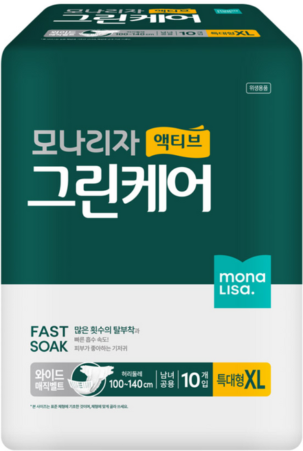모나리자 남녀공용 액티브 그린케어 성인기저귀, 10개입, 4개, 특대형