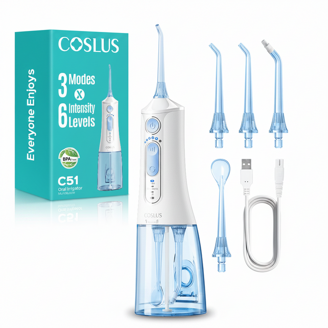 COSLUS 코슬루스 6단 수압+3종 모드 휴대용 구강세정기 IPX7 급방수+4개 노즐팁, 하얀색, C51