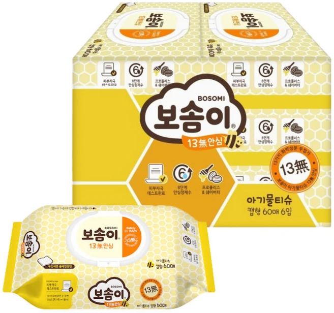 [SH유통]깨끗한나라 보솜이 13무안심 아기물티슈 60매 6개입 유아용물티슈 - 쿠팡