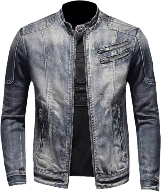 AOKADA 남성 아메리칸 빈티지 유니크 슬림핏 스탠드칼라 지퍼 워크웨어 바이크라이딩 데님자켓