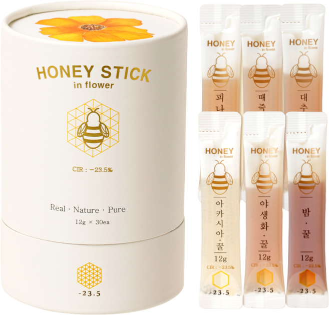 -23.5 꿀스틱 스틱꿀 30포 100% 국산 벌꿀 아카시아꿀 야생화꿀 잡화꿀 밤꿀 대추나무꿀 피나무꿀 때죽나무꿀 한달분 선물 답례품, 360g, 1개, 본품+대추나무