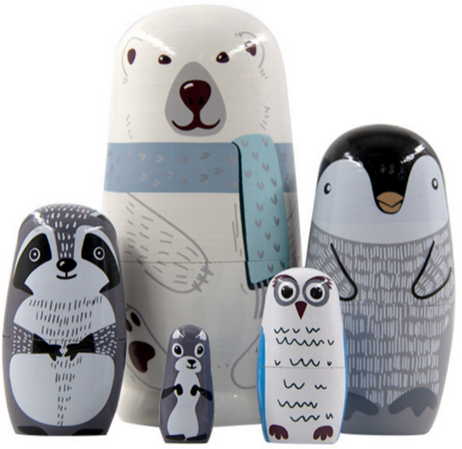 휘뚜마뚜 마트료시카 동물 목각 러시아 인형 장식품 5p, 화이트 5단