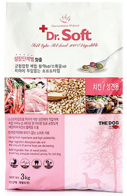 더독 어덜트 강아지 닥터 소프트 사료, 닭, 3kg, 1개