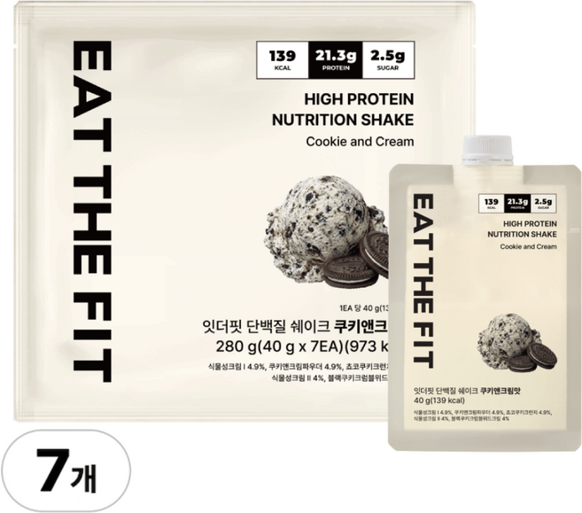 잇더핏 단백질 쉐이크 1주 플랜 쿠키앤크림맛, 7개, 40g