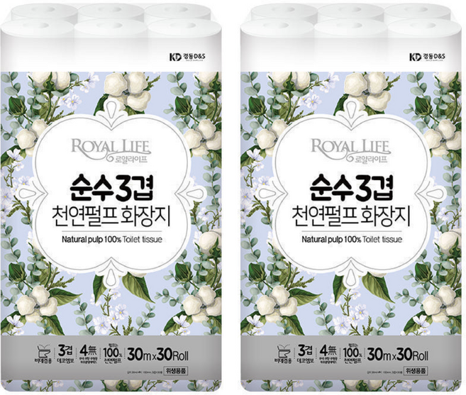 로얄라이프 천연펄프 화장지 순수 3겹(30m 30롤) 2팩, 2개, 30롤