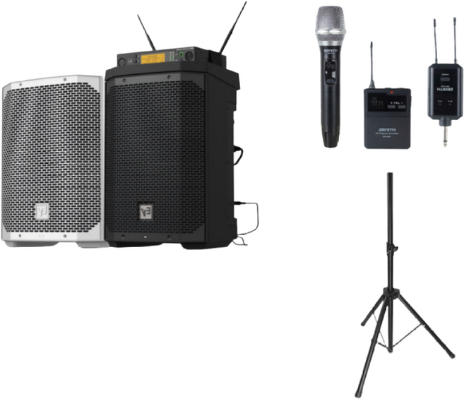 EV EVERSE8 + DW100R 충전식 앰프 스피커 세트 / 무선마이크 + 스탠드 포함 / 야외 버스킹 예배 행사용, 헤드셋+헤드셋, 화이트