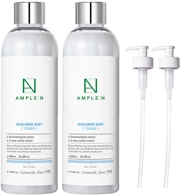코리아나 앰플엔 히알루론샷 토너 대용량 600ml 2개 + 토너 펌프, 1.2L, 1개