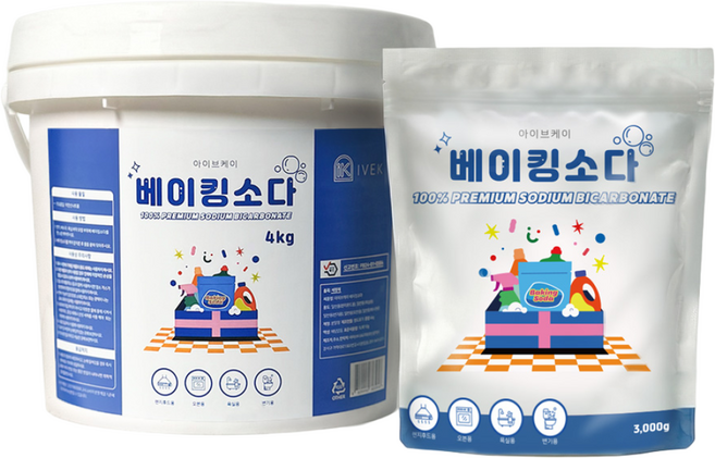 [세트특가]아이브케이 베이킹소다 대용량 분말세제 버킷형 4kg+리필형 3kg 1개, 1세트, 7kg