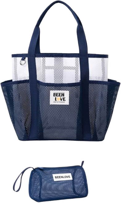 하이핀 8포켓 대용량 메쉬 수영가방 비치백 + 초경량 파우치 세트, 네이비