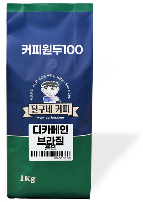 달구네커피 디카페인 브라질 갓볶은 로스팅의 노카페인 무카페인 커피원두, 1kg, 1개, 홀빈(분쇄안함)