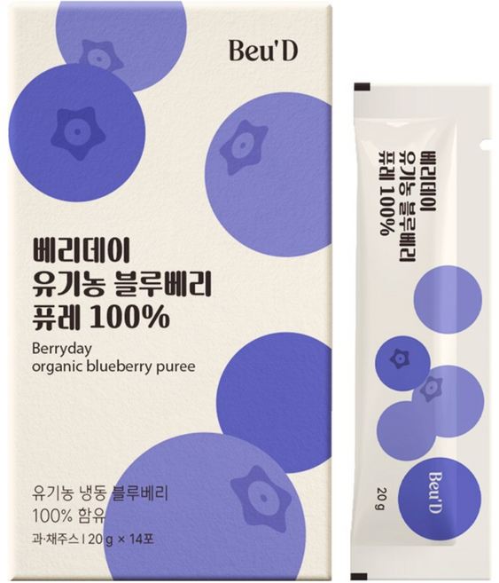뷰드 유기농 블루베리 퓨레 100% 블루베리즙 스틱, 1개, 280g