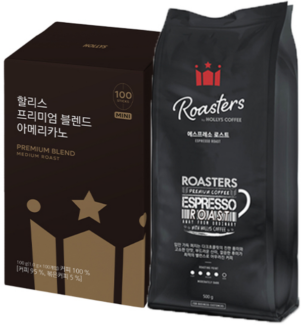 [할리스] 프리미엄 블렌드 아메리카노 100T + 원두 에스프레소 로스트 500g