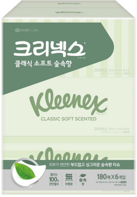 크리넥스 클래식 소프트 숲속향 천연펄프 미용티슈 2겹, 180매, 6개