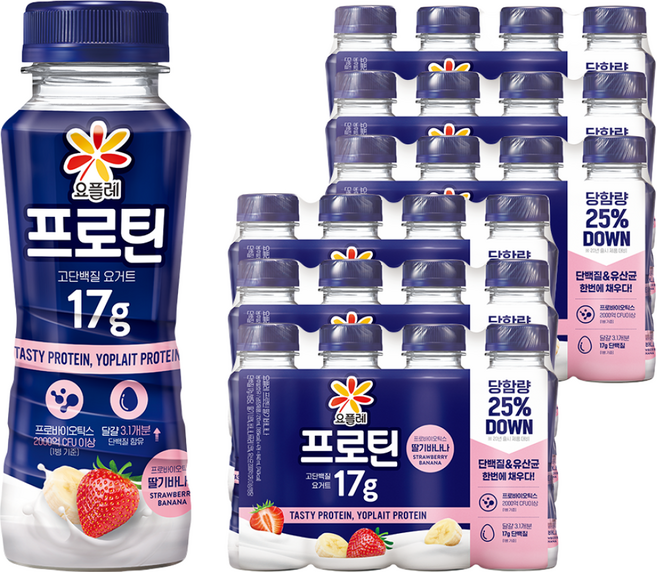 빙그레 요플레 프로틴 드링크 딸기바나나 210ml 24개, 1박스