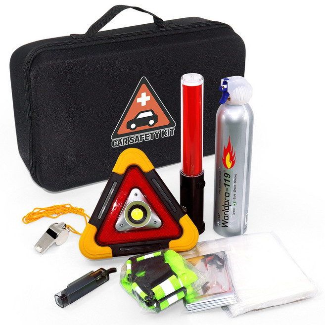 [케이솔루션] 자동차 안전 키트 8종세트 차량용 비상 탈출 망치 경광봉 소화기 삼각대 긴급사고 대비, 혼합, 1세트