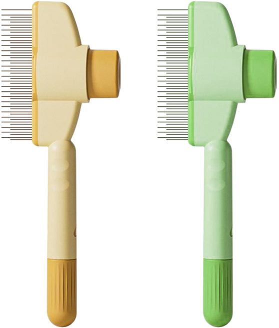 라피아노 반려동물 원터치 브러쉬 저자극 강아지 고양이 빗, 그린+옐로우, 1세트