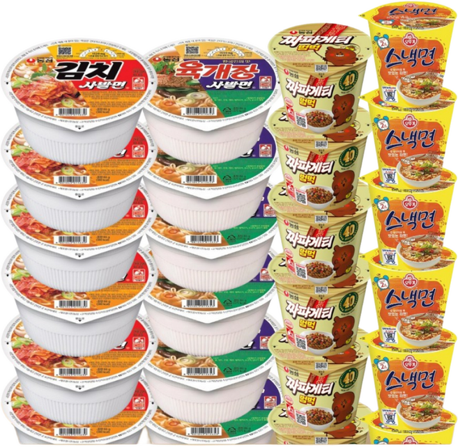 [맛슐랭] 소컵라면 4종 육개장사발면6+김치사발면6+짜장범벅6+스낵면6 사무실 간식 비품 스낵 탕비실 아이들 도시락 컵라면, 24개
