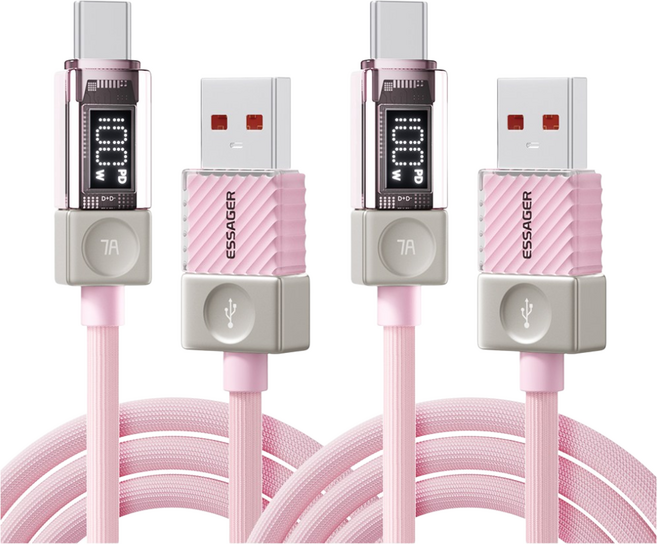 ESSAGER LED 디스플레이 7A 100W USB A타입-C타입 고속 충전 케이블 2개입, 2개, 핑크, 2m