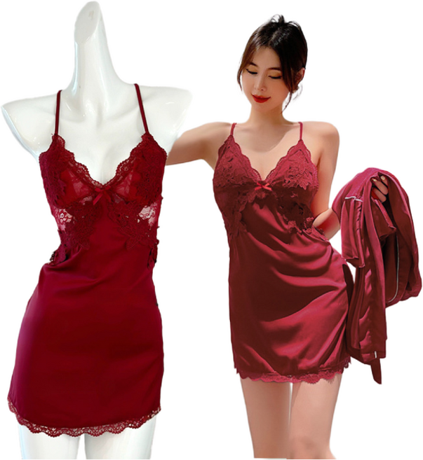 스토리원 WM-ALUW-0117 여성 란제리 원피스 잠옷 속옷 슬립 + 팬티 + 스타킹 세트