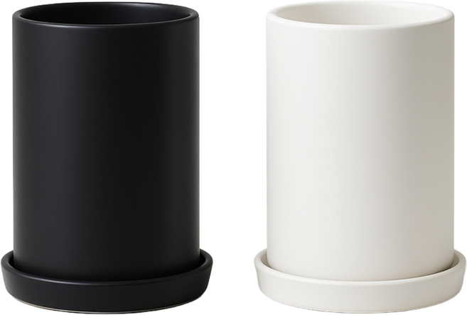모던레시피 무광 원형 도자기 화분 세트 / 높은 디자인 / 블랙&화이트 / 인테리어 화분, 블랙, 1개