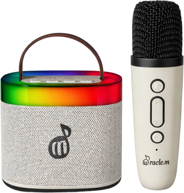 미라클엠 무선 블루투스 스피커 + 마이크 세트 가정용 휴대용 노래방 마이크, 아이보리, M63