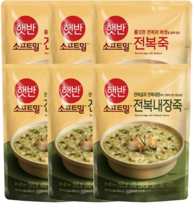 [햇반죽] 보양식 전복죽 2종 (전복죽3전복내장죽3), 1세트, 420g