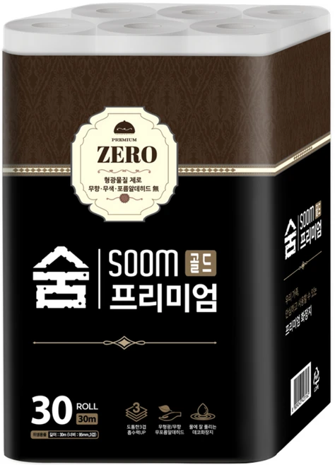 숨 프리미엄 골드제로 도톰한 3겹 무형광 화장지, 1개, 30롤, 30m - 쿠팡