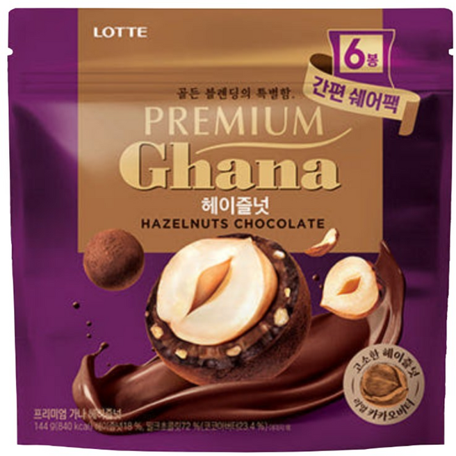롯데웰푸드 프리미엄 가나 헤이즐넛 초콜릿 쉐어팩 6p, 144g, 1개