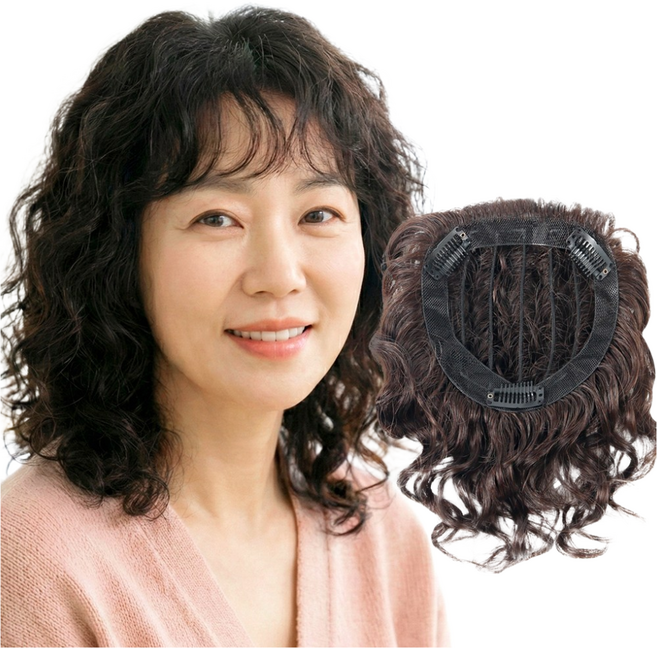 고운머리 HT04 파마머리 중년 여성 인모 정수리 부분 가발, 1개, 진한갈색