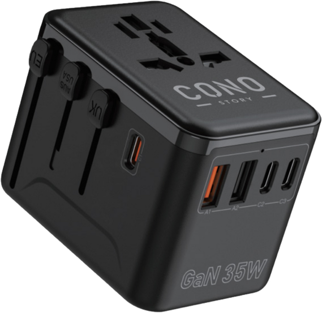 코노(CONO) 35W 여행용 올인원 해외 멀티 플러그 5포트 어댑터 유선충전기, 블랙, 1개
