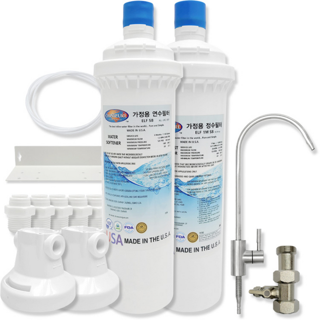 OMNI-PRE-UC1 옴니퓨어 가정용 프리미엄 정수+연수 세트 - 연수필터 카본필터 헤드2EA 2구브라켓 파우셋 아답터 피팅5EA 튜빙5M, 상세 설명 참조, 1개