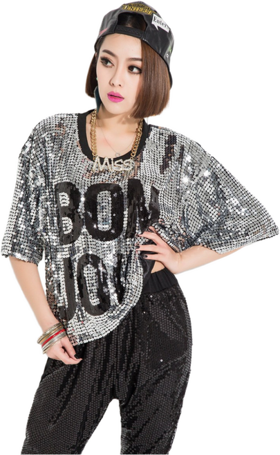 SH172 MISS 봉쥬르 숏 컬러풀 스팽글 반짝이 빅사이즈 박스 루즈핏 오버핏 반팔 짧은 티셔츠