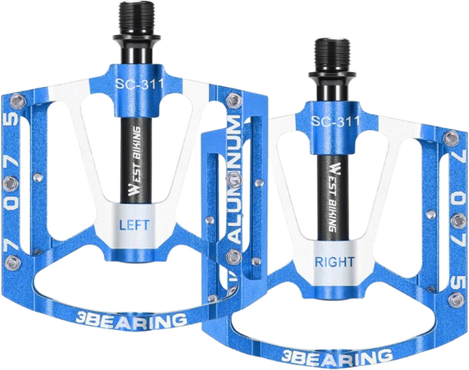 WEST BIKING 3베어링 알루미늄 합금 자전거 페달 미끄럼 방지 초경량 MTB 로드자전거 클릿 평페달 회전 유연, 블루, 1개