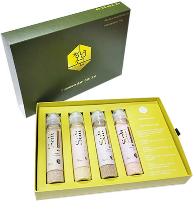청년소금 고급선물세트 함초표고마늘핑크소금 90g 4종 소금거치대 투명백 포함, 4개