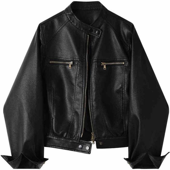 POMTOR 여성 루즈핏 PU 레더자켓 라운드넥 심플 바이커 무드 아우터