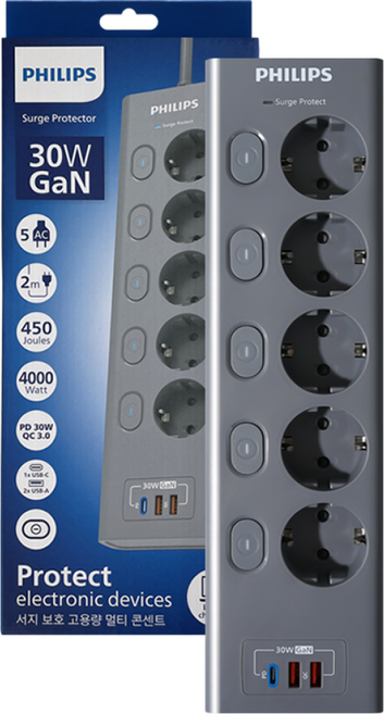 필립스 멀티탭 맥스플러스 USB 서지보호 고용량 개별스위치 고속충전, 그레이 CHP6753GA, 1개, 2m