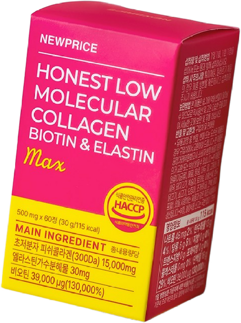 뉴프라이스 정직한 300달톤 초저분자 어린 피쉬콜라겐&엘라스틴&비오틴 MAX, 3개, 60정