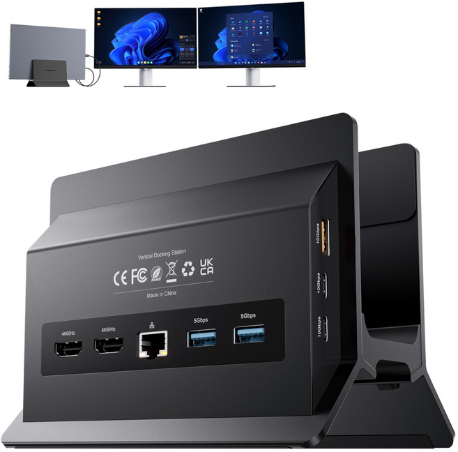 PULWTOP 11-in-1 수직형 노트북 도킹 스테이션 (Windows 노트북용) 듀얼 4K HDMI 10Gbps USB-A/C 기가비트 이더넷 SD/TF 포함, Black, 1개