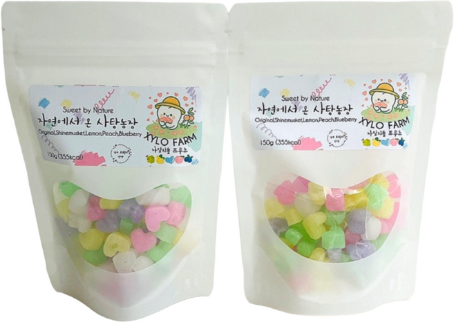 자일로팜 자일리톨 캔디 수제 하트 사탕 5가지맛 레몬 복숭아 블루베리 샤인머스캣 오리지널 혼합 무설탕 유아 어린이 충치예방 리필용, 2개, 150g