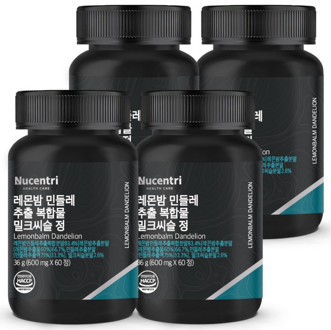 뉴센트리 레몬밤 민들레 추출물 추출 분말 [83.4%] 유기농 밀크씨슬 복합물, 60정, 4개