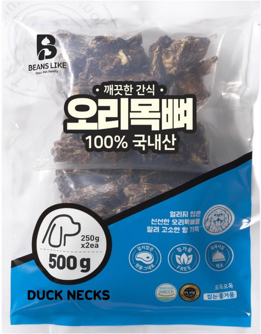 빈즈라이크 목뼈 강아지 간식, 오리, 500g, 2개