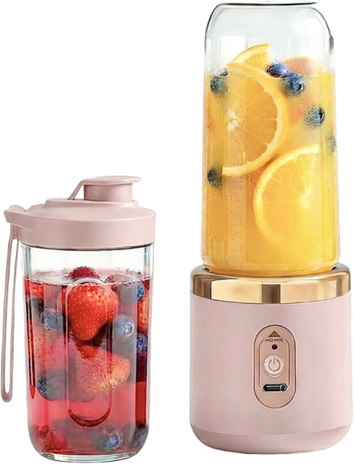 HOMIE 믹서기 2개 용기 휴대용 미니 믹서기 USB 충전식 무선 믹서기, 핑크