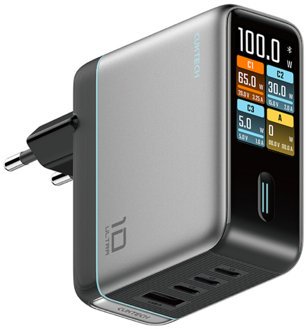 쿡테크 10 Ultra GaN 충전기 100W 스마트 디스플레이 4포트 C타입 고속 충전기, 1개, 그레이