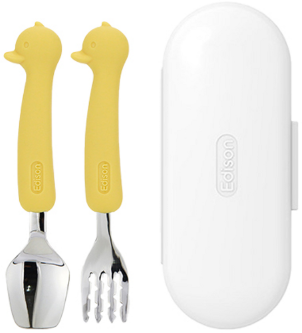 에디슨 유아 실리콘 스푼 포크 케이스 세트, 오리옐로우, 스푼 + 포크 + 케이스, 1세트