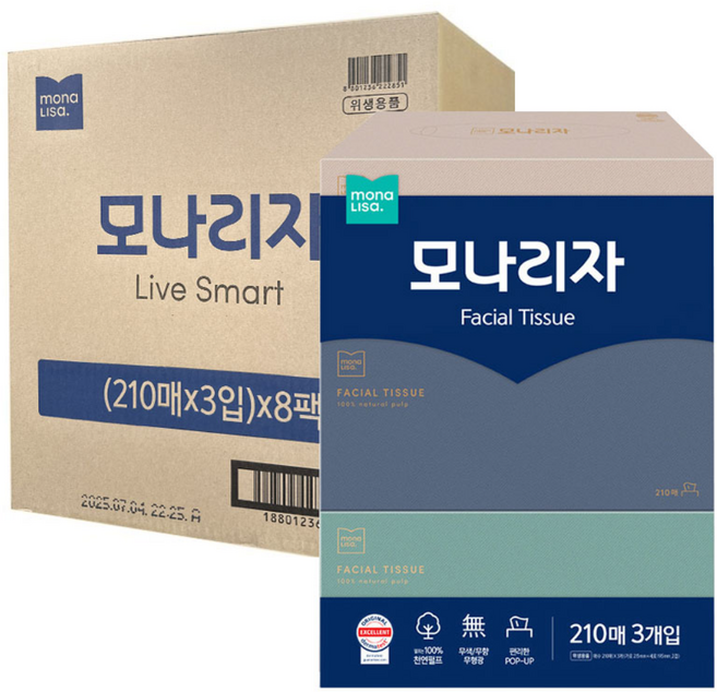 모나리자 각티슈 210매 3개입 8팩 총24개 x 1박스 / 미용티슈 각휴지 천연펄프, 24개